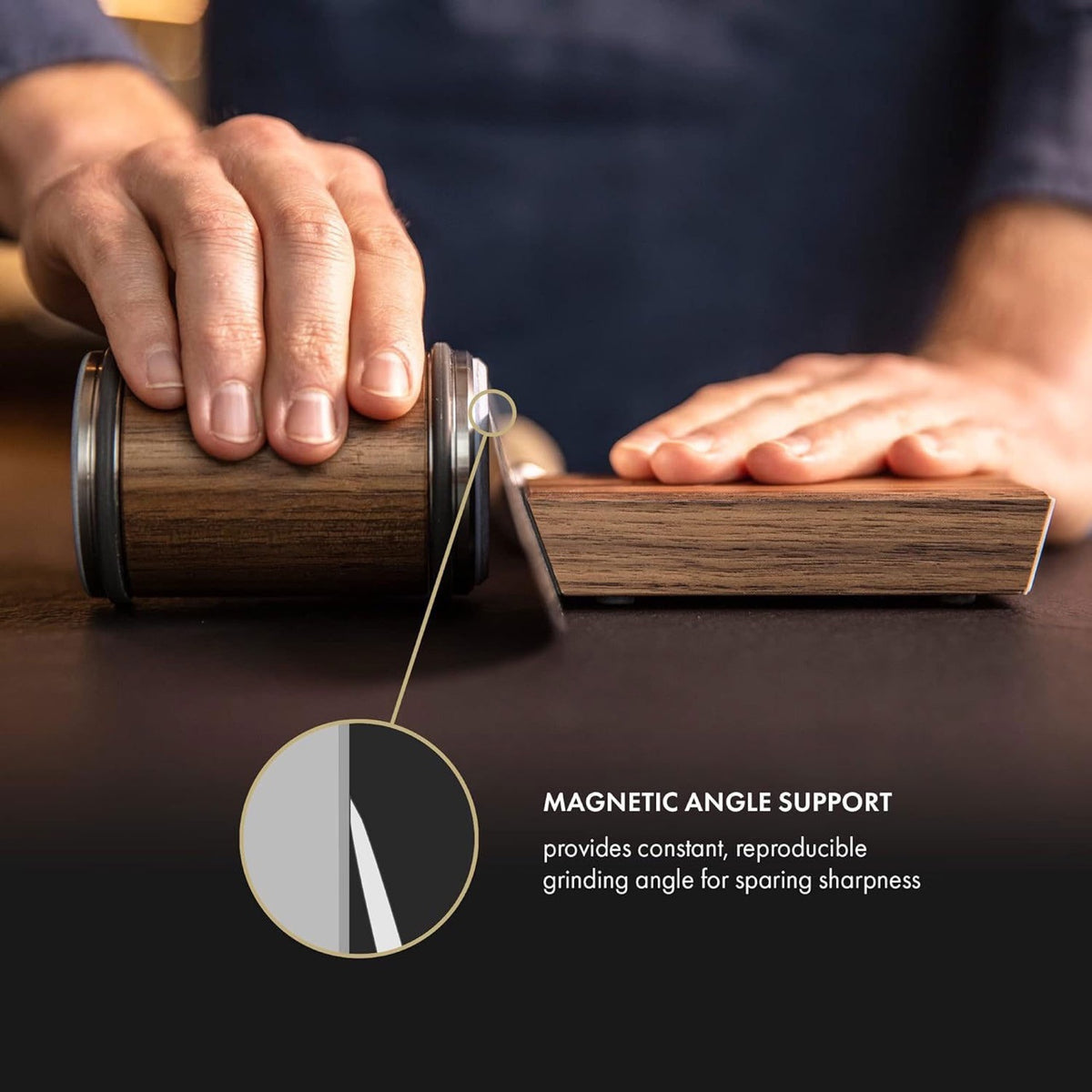 Sharpening a kitchen knife with the rolling sharpener and magnetic angle support