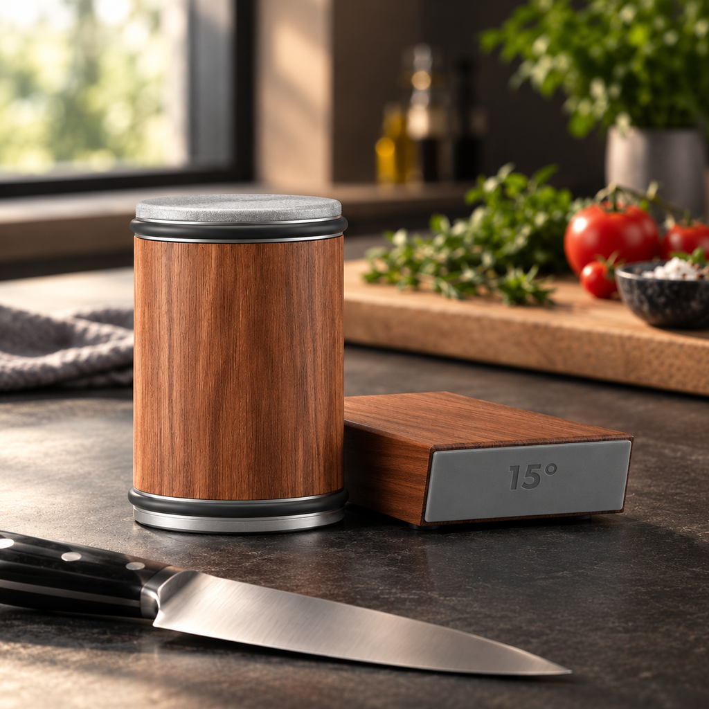 MagnaSharp rolling knife sharpener in wood finish with magnetic angle block on a kitchen worktop
