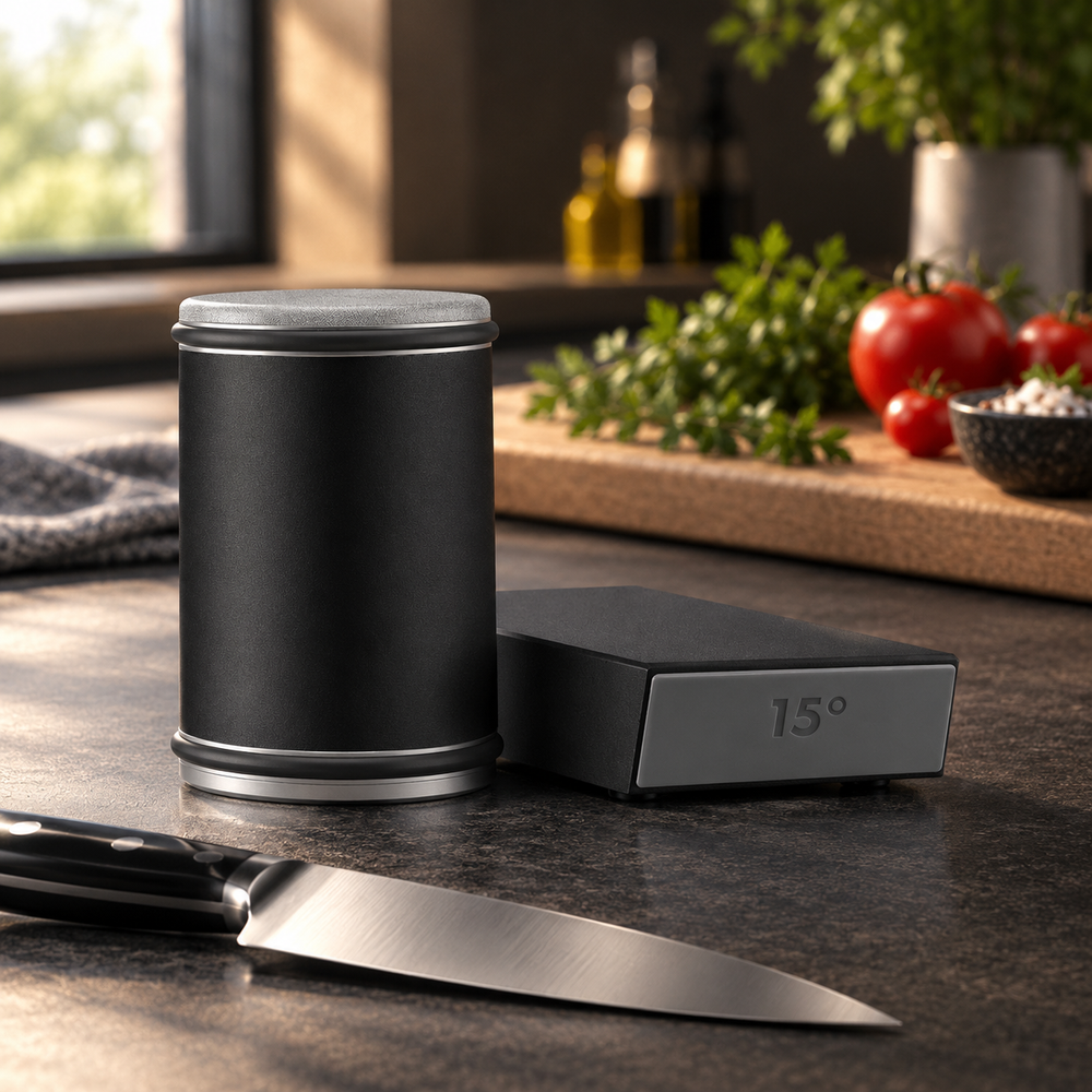 MagnaSharp rolling knife sharpener in black with magnetic 15 degree angle block on a kitchen worktop