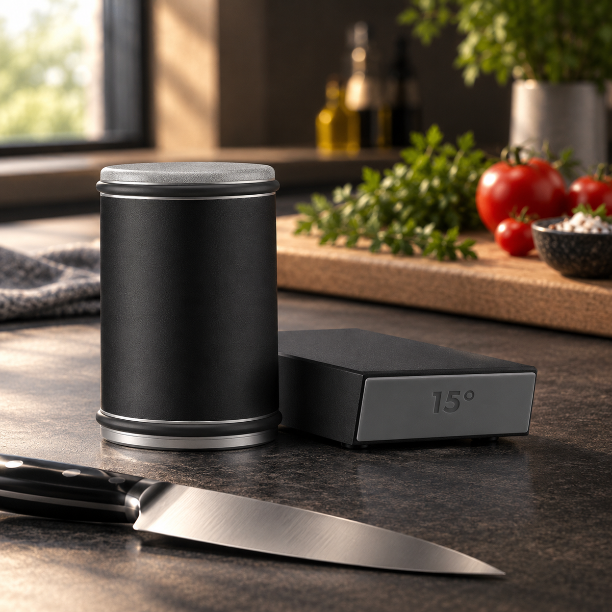 MagnaSharp rolling knife sharpener in black with magnetic 15 degree angle block on a kitchen worktop